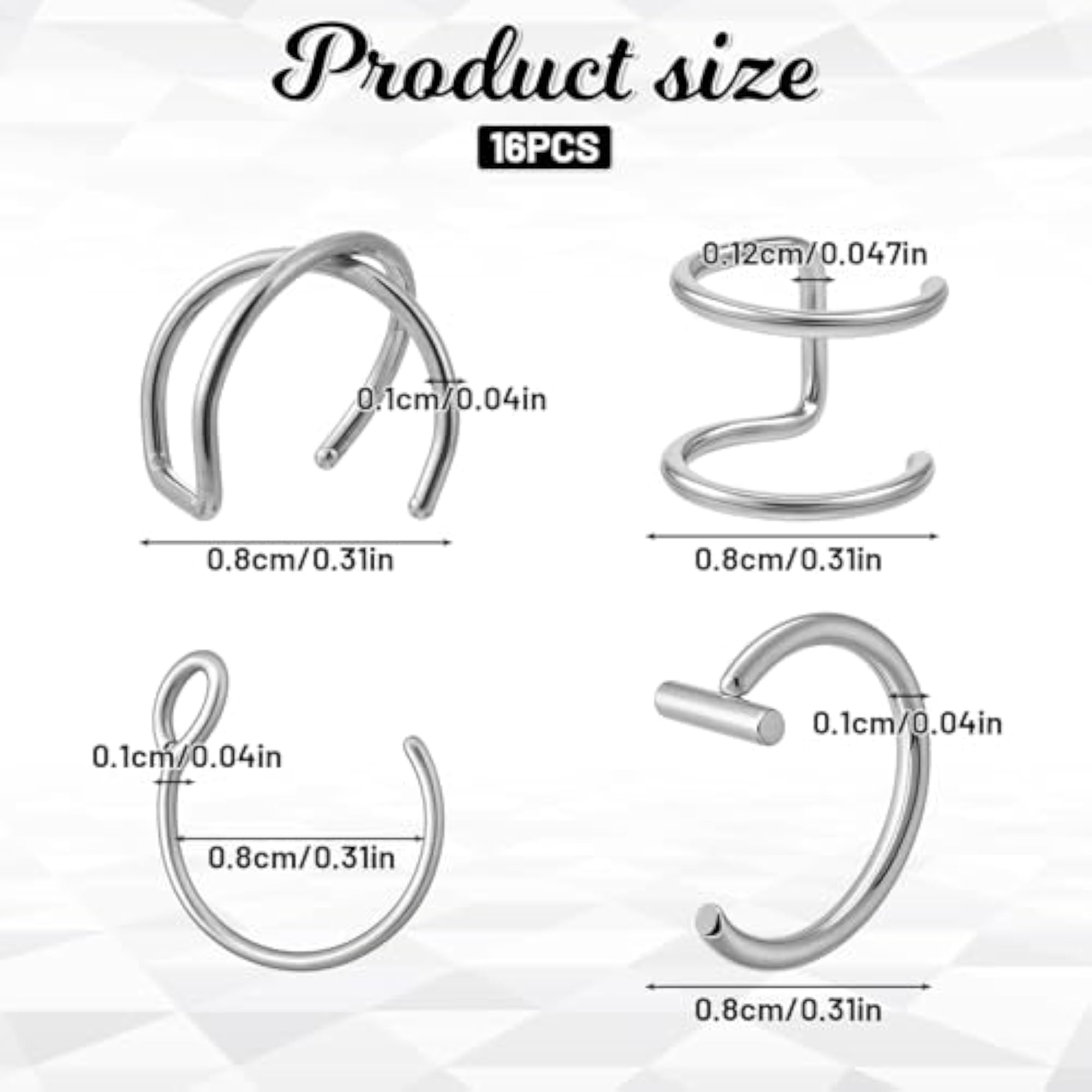 Fake Lip Piercing, 16 Pcs Stainless Steel Clip-on Rings